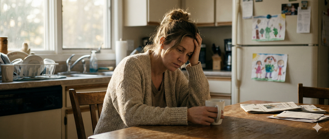 Exhausted woman at kitchen table