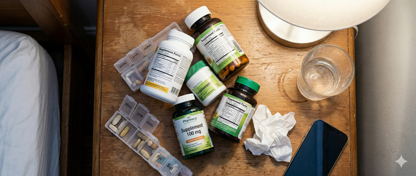 Cluttered nightstand with supplements